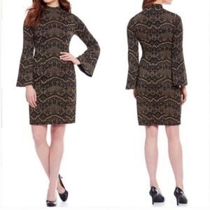 Alex Marie Aly Sparkly black/Gold Lace Jacquard Bell Sleeve Dress sz 8